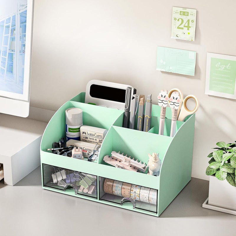 COMFYROOM Desk Organizer with 6 Compartments and 2 Drawers, Plastic Makeup Organizer, Pen Holder for Desktop Storage, Desk Organization for School, Home, Office Supplies (Mint Green) - Image 2